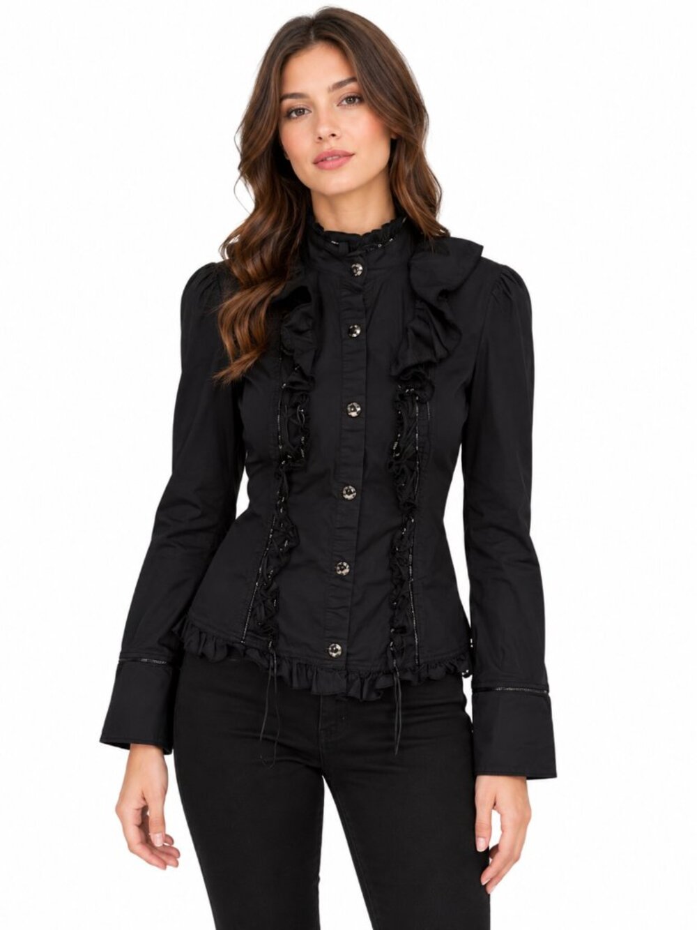 DEVIL FASHION Black Goth Ruffle Blouse Steampunk Metal Ring Back Cotton Medium